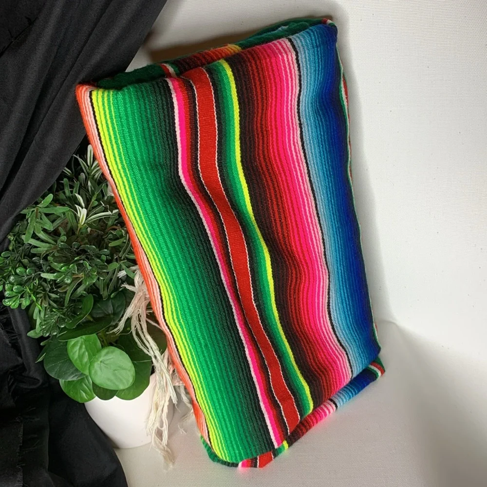 Vintage colorful cotton Mexican serape sarape salti fringed blanket - Picture 4 of 15